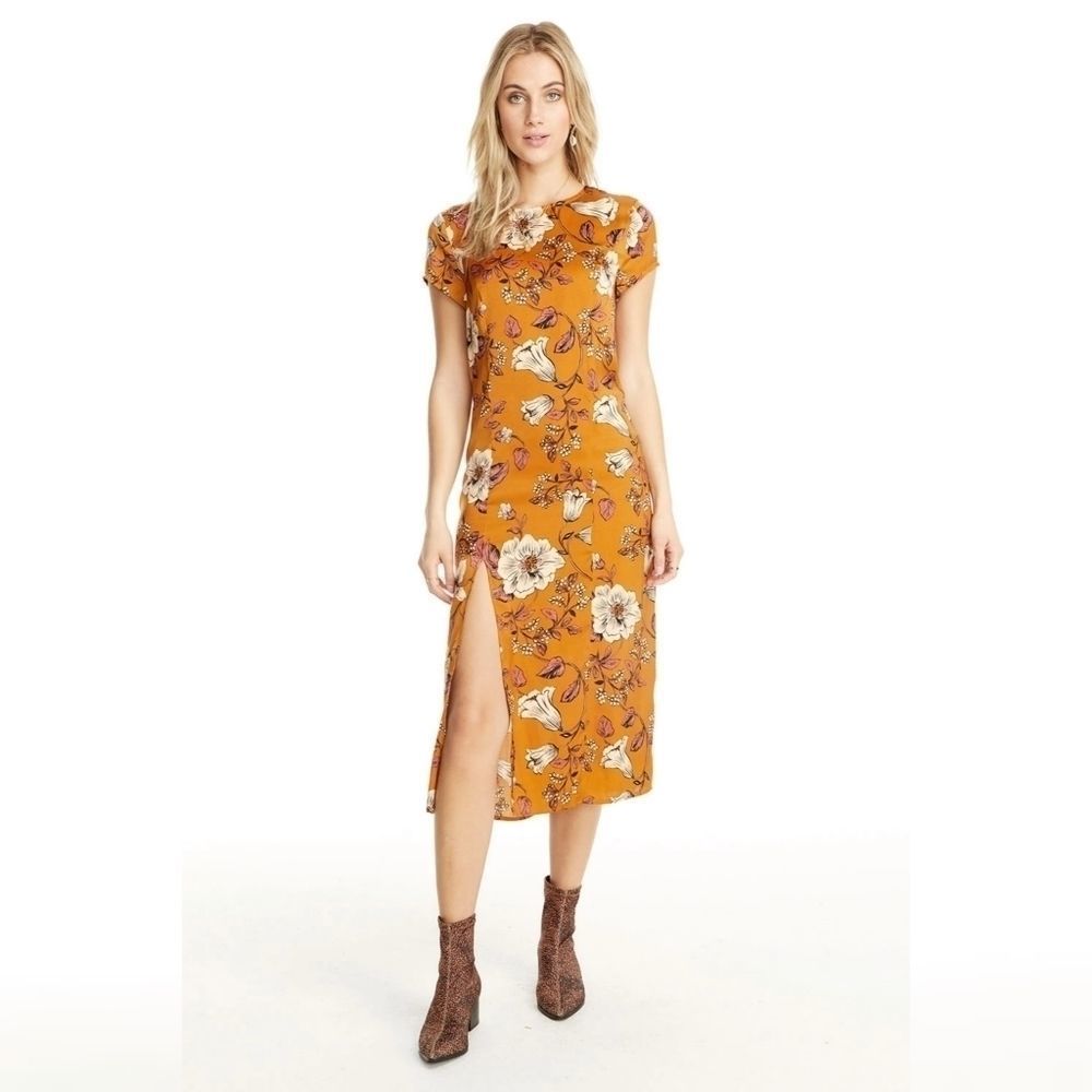 Saltwater Luxe Floral SKYE MIDI DRESS - MERIGOLD Yellow sz L NEW